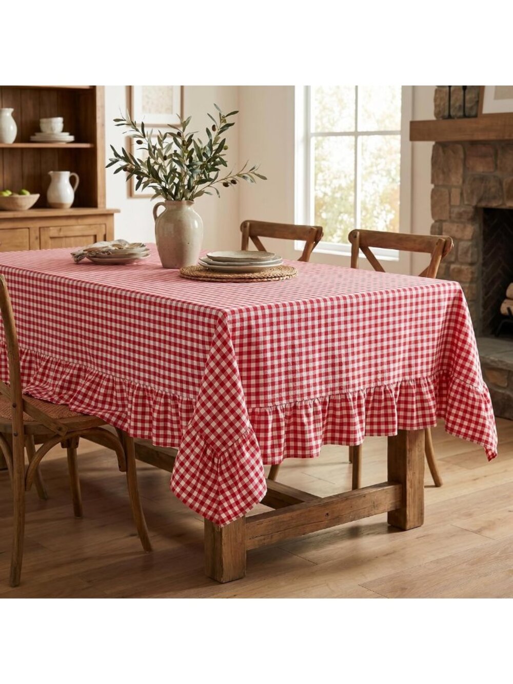 Red & White Gingham Ruffled Tablecloth - 100% Cotton, Rectangular for Farmhouse